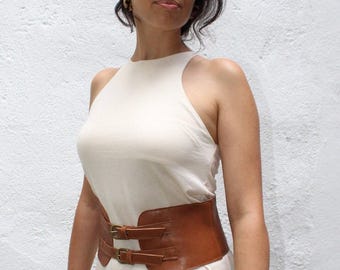 Brown waist belt for women, Leather Corset Belt, Double Buckle Medieval belt, Statement Waist Belt, Plus size available
