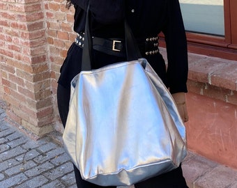 Sac fourre-tout en cuir souple, très grand sac fourre-tout en cuir, sac à bandoulière en cuir souple fait à la main avec du cuir métallisé