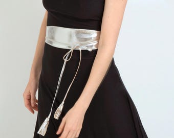 Silver Wide Belt, Leather Dress Belt, Plus Size Obi Belt, Women