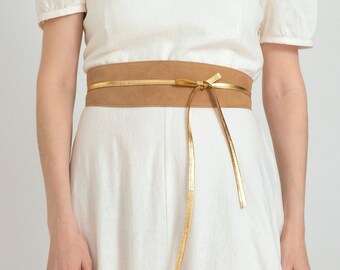 Brown Obi Belt with Gold Metallic leather, Suede Leather Belt, Leather Wrap Belt, Wide belt for Women available in all sizes