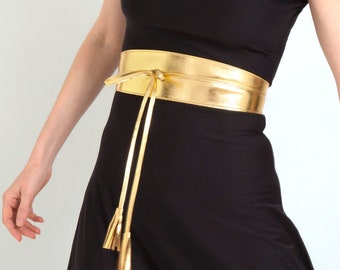 Gold Obi-Gürtel, breiter Goldgürtel, Taillengürtel Gold, Leder-Wickelgürtel, Obi-Gürtel für Hochzeitsgästekleider. Alle Größen verfügbar