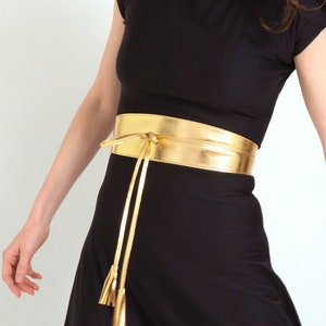 Gold Obi Belt, Wide Gold Belt, Waist Belt Gold, Leather Wrap Belt, Obi Belt for Wedding Guest Dresses. All Sizes Available