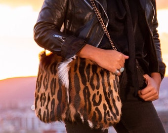 Leopard Print Bag, Animal Print Bag, Large Leather Clutch, Women Evening Bag Handmade with Springbok Fur