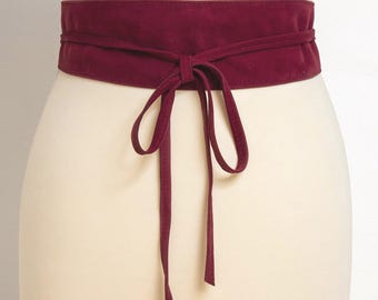 Suede Leather Belt, Obi Leather Belt, Burgundy Sash Belt, Leather Wrap Belt, Women Wide Belt. Plus sizes available. Trendy Gift Girlfriend