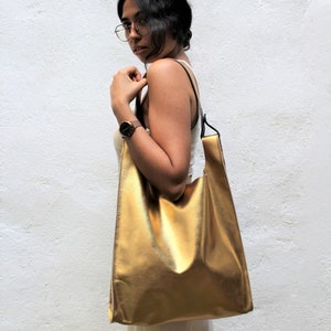 Gold Leather Tote, Metallic Leather Bag, Golden Tote Bag, Gold Leather Shoulder Bag for Women, Genuine Leather Tote, Gift for Mom image 3