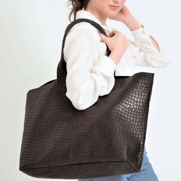 XL Leather Bag, Large Black Leather Tote Bag, Big Leather Handbag, Handmade Purse with Croc-Embossed Effect