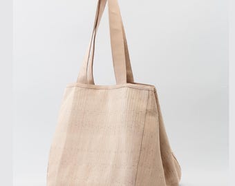 Beige Leather Tote Bag, Oversized Handbag with Unique Embossed Effect, Large Shoulder Bag Handmade