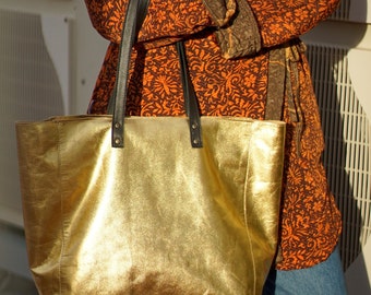 Soft Leather Tote Bag Handmade with Metallic Leather, Gold Leather Tote for Women, Golden Large Shoulder Bag with Zipper