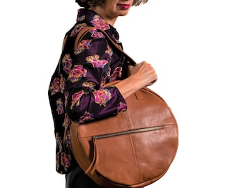 Round Handbag for Women, Brown Circle Bag, Everyday Soft Leather Tote, Handmade Circular Purse