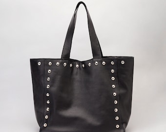 Stud bag, Black Leather Tote, Studded Leather Bag, Full Grain Leather Tote, Real Leather Handbag, Large Shoulder Bag with Studs