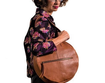 Round Handbag for Women, Brown Circle Leather Bag, Round Leather Purse, Genuine Leather Circular Bag with Zipper