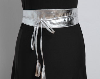 Leather Sash Belt in Silver Color, Wide Boho Belt for Wedding, Wrap Belt Handcrafted with Metallic Leather