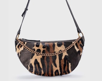 Leopard Print Purse, Half Moon Leather Bag with Animal Print, Black Crescent Bag for Women, Genuine Leather Crossbody Handbag