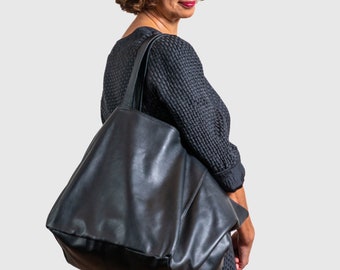 Large Black Leather Tote, Big Black Leather Bag, Oversized Leather Tote, Genuine Soft Leather Handbag for Women