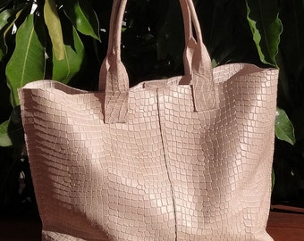 Beige Oversized Leather Tote Bag for Women, Large Crocodile Embossed Leather Tote.