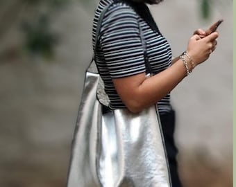 Bolso tote de piel plateada, bolso de mano metálico hecho a mano, bolso de hombro.