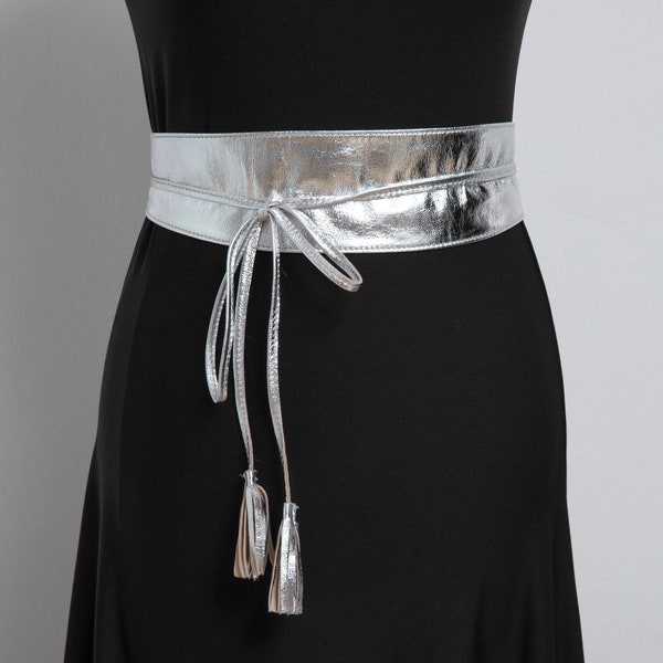 Silver Wide Belt, Leather Dress Belt, Plus Size Obi Belt, Women Wrap Belt Handmade With Metallic Soft Leather