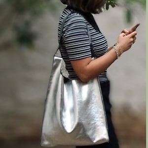 Silver Leather Bag, Metallic Leather Tote Bag, Large Hobo Shoulder Bag, Designer Tote Handbag Leather Gift for Her