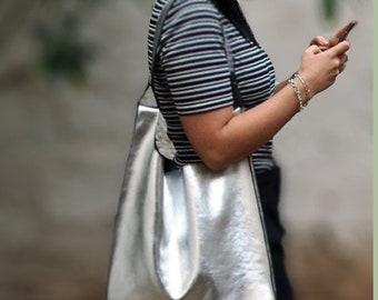 Silver Leather Bag, Metallic Leather Tote Bag, Large Hobo Shoulder Bag, Designer Tote Handbag Leather Gift for Her
