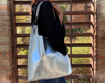 Silver Hobo Bag, Large Shoulder Purse for Women, Tote Bag Handmade with Bright Metallic Leather