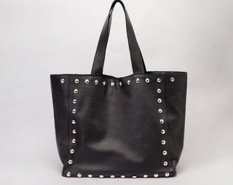 Studded Leather Bag, Black Leather Tote Bag for Women, Large Handbag with Silver Studs, Bag for Work Handmade with Genuine Leather