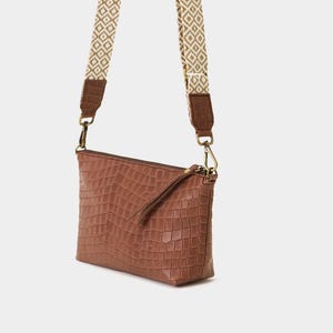 Brown Leather Crossbody Bag, Handmade Croco Purse, Small Handbag with Guitar Strap, Artisan Leather Gift for Her