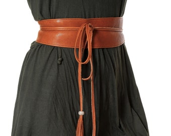 Wide Brown Belt for Women, Obi Belt Handmade with Soft Leather, Plus Size Boho Belt Spring Gift for Her