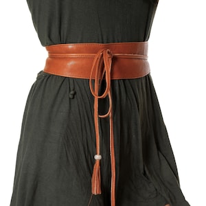 Leather Obi Belt, Brown Waist Belt, Tassel Belt for Dress, Wide Belt for Women, Tan Sash Belt, Wrap Tie Belt. All sizes. Boho Beauty Gift.