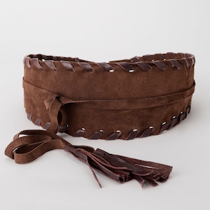 Brown Suede Obi Belt, Wide Leather Belt for Women, Wrap Leather Belt with Tassels, Handmade Plus Size Obi Belt