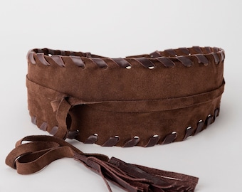 Ceinture en daim pour femme, large ceinture portefeuille, ceinture obi en cuir marron foncé avec pampille, ceinture grande taille faite main