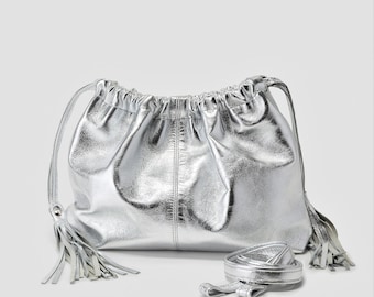 Silberne Clutch Tasche, Metallic Ledertasche, Silber Abendtasche, Silber Umhängetasche, handgefertigt mit silbernem Leder