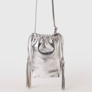 Silver Evening Bag, Metallic Leather Bag, Silver Crossbody Bag, Wedding Purse Handmade with Silver Leather