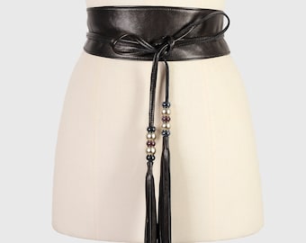 Schwarzer Leder Obi Gürtel mit Kristall Quasten – Elegante Wickel-Schärpe für Abendkleider