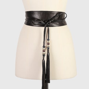 Black Leather Obi Belt for Evening Dress, Sash Belt with Long Tassels, Leather Wrap Belt with Tassel and Crystal Balls. All sizes available.
