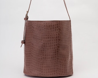 Bucket Shoulder Bag, Dark Brown Bag for Women, Slouchy Leather Purse, Genuine Leather Hobo Bag with Crocodile Embossed Effect
