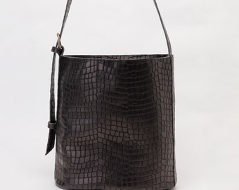 Bolso cubo negro, bolso de hombro Croc, bolso de cuero Slouchy, bolso hobo de cuero negro, bolso de cuero natural con efecto cocodrilo