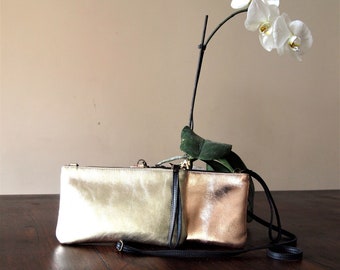 Clutch Bag Leather in Gold & Rose Gold Color, Wristlet Purse for Wedding, Metallic Leather Mini Handbag