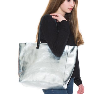 Silver Tote Bag, Metallic Leather Bag, Silver Handbag Handmade with Soft Leather, Tote Bag with Zipper