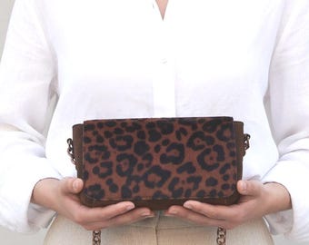 Sac à bandoulière avec fourrure à imprimé léopard, petit sac à bandoulière en cuir