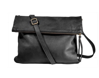 Foldover Crossbody, Black Leather Clutch, Clutch Shoulder Bag, Black Evening Clutch, Classy Leather Bag for Women