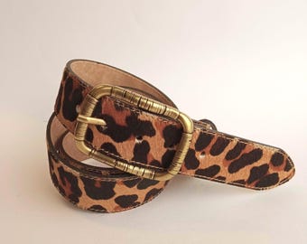 Handmade Leather Belt With Leopard Print, Fur Belt for Women