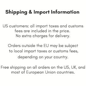 May include: A white informational graphic with black text titled Shipping & Import Information. The text outlines policies regarding import taxes, customs fees, and delivery charges for customers located in the United States and other regions.