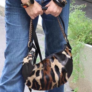 Half Moon Leather Crossbody Bag, Leopard Print Purse, Statement Handmade Bag, Luxury Animal Print Shoulder Bag