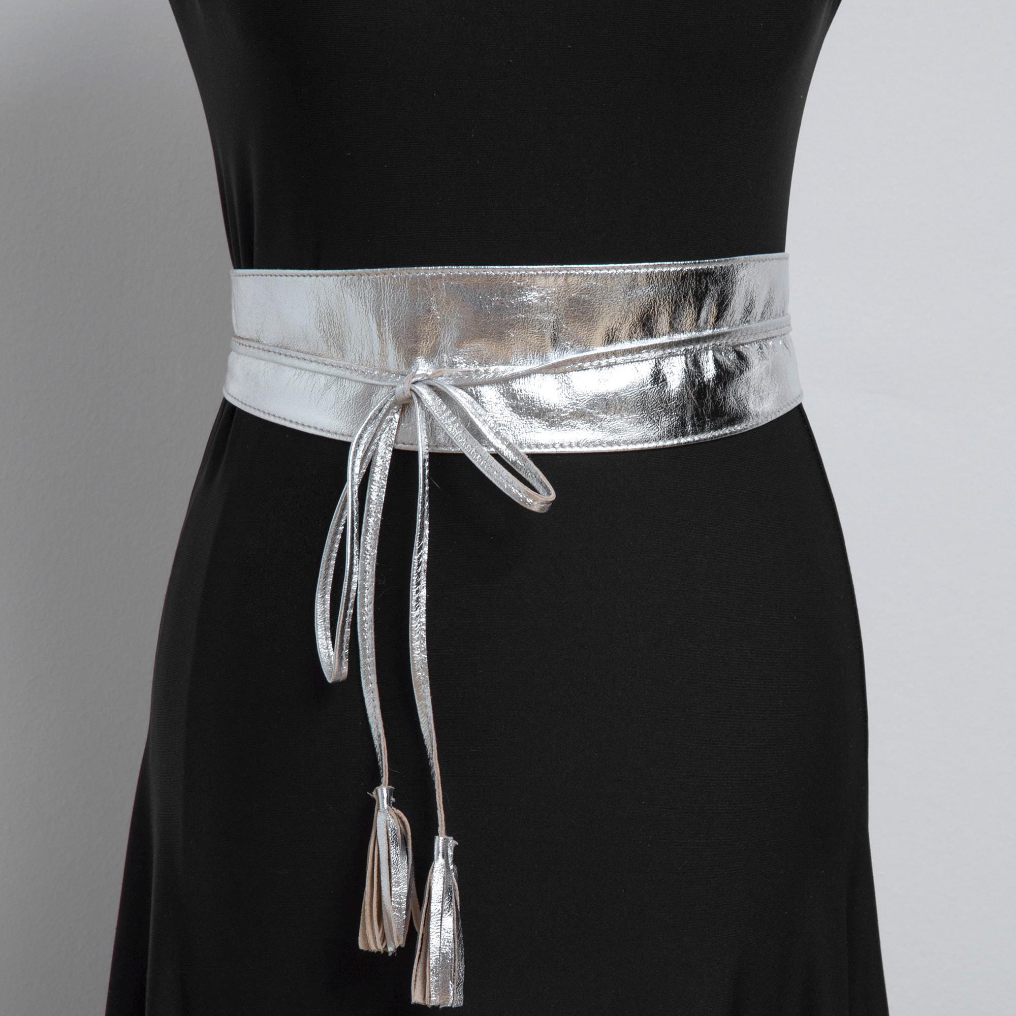 Silver Wide Metallic Leather Obi Belt, Handmade Wrap Belt  display picture 2