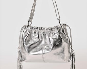 Silver Clutch Bag, Metallic Leather Bag, Silver Evening Bag
