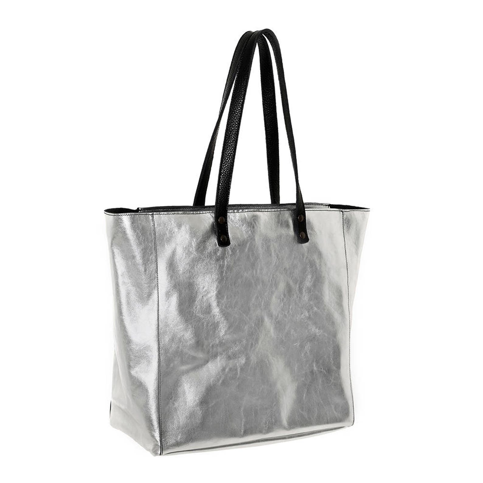 Silver leather tote bag metallic leather shoulder bag large | Etsy