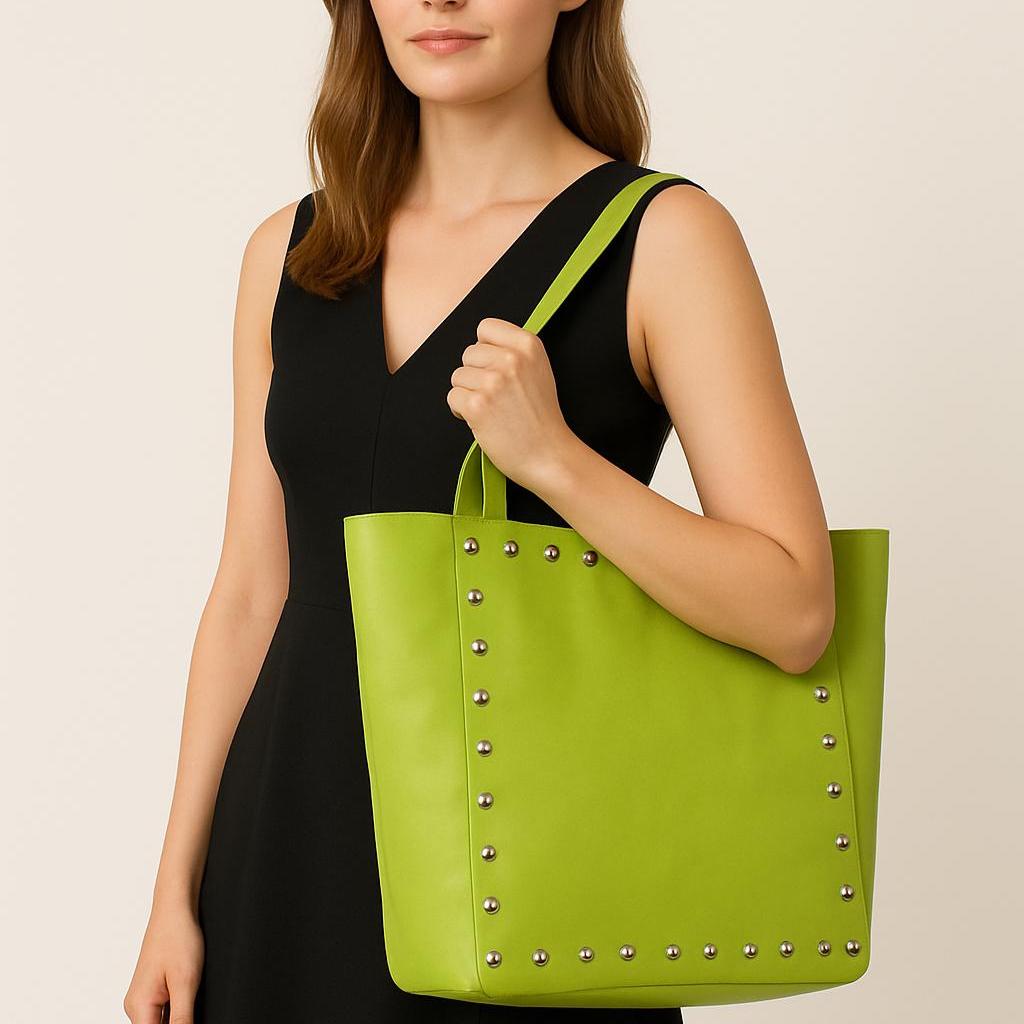 グリーンレザースタッズトートバッグ、ハンドメイドショルダーバッグ