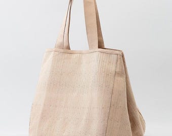 Beige Leather Tote Bag, Oversized Handbag with Unique Embossed Effect, Large Shoulder Bag Handmade