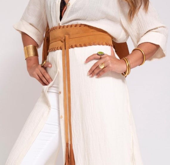 Large ceinture en daim marron camel, ceinture obi faite main avec