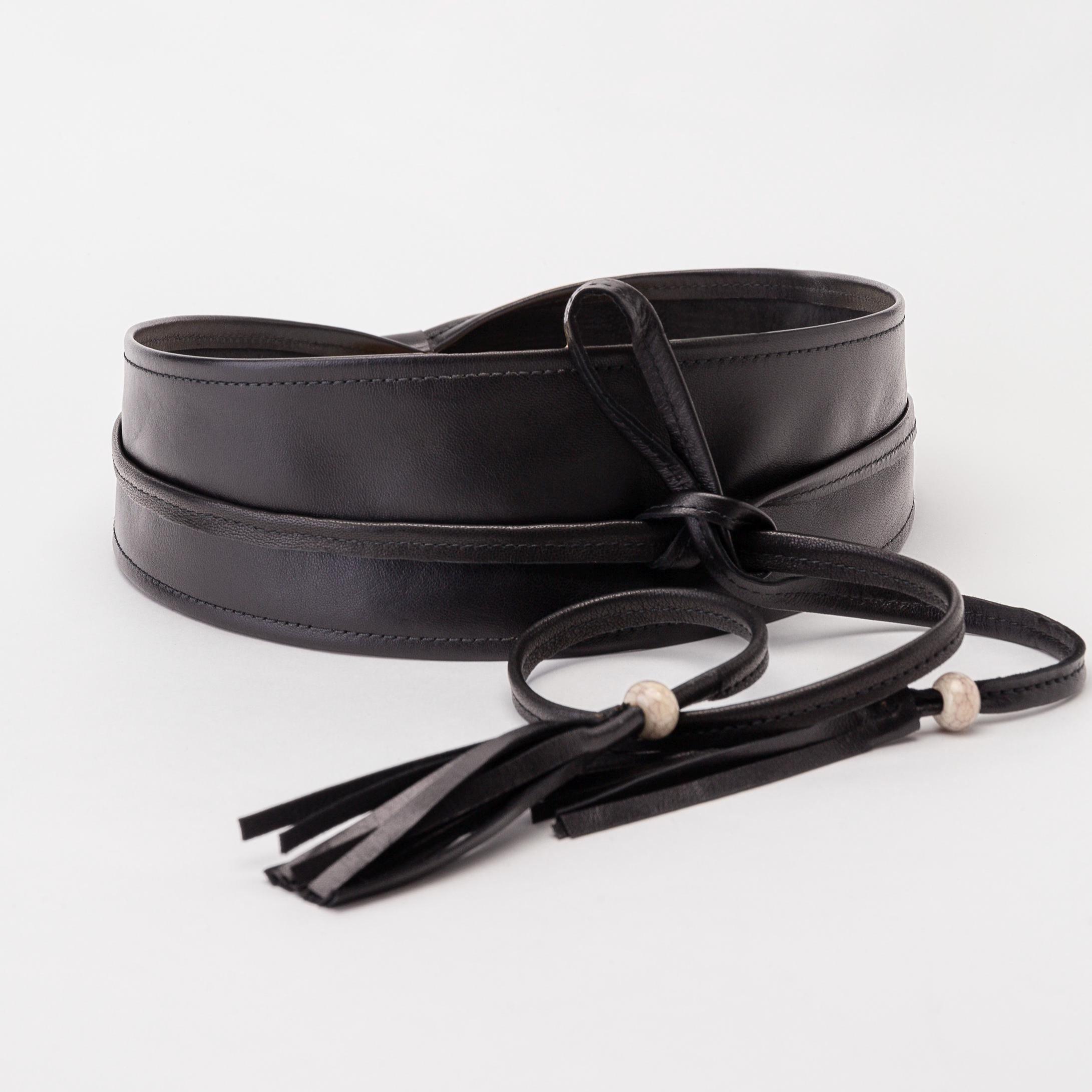 Black Leather Obi Belt With Tassels, Soft Sash Wrap for  display picture 3